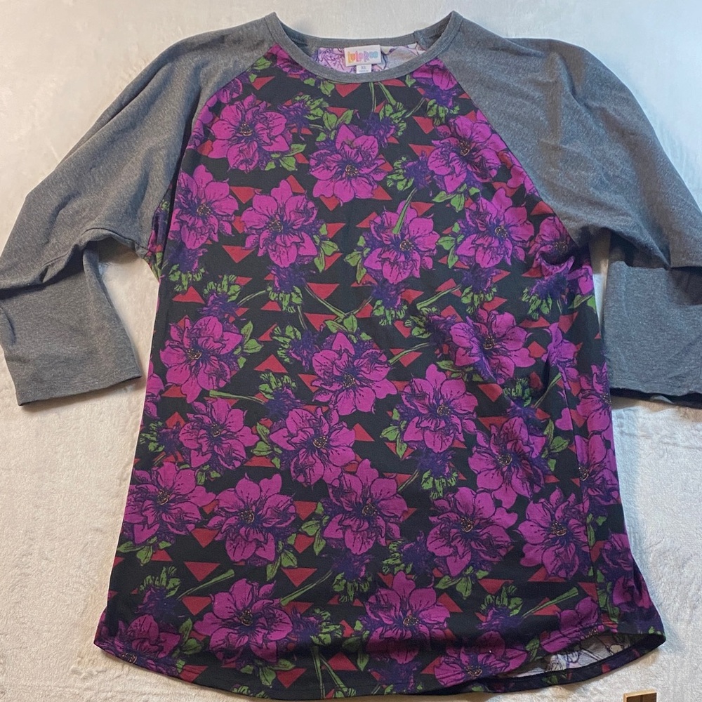 LuLaRoe Randy Tee - Purple Floral and Gray Sleeves